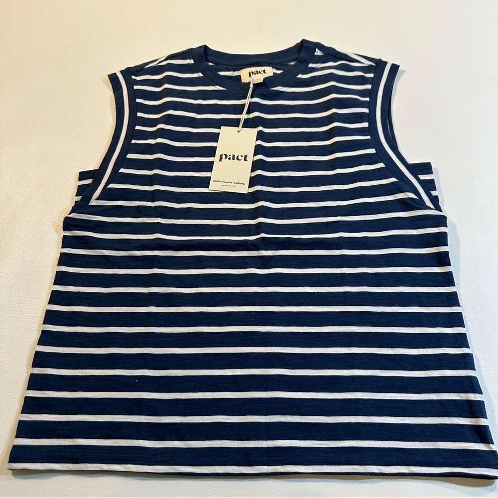 Pact Navy and White Striped Short Sleeve Tee